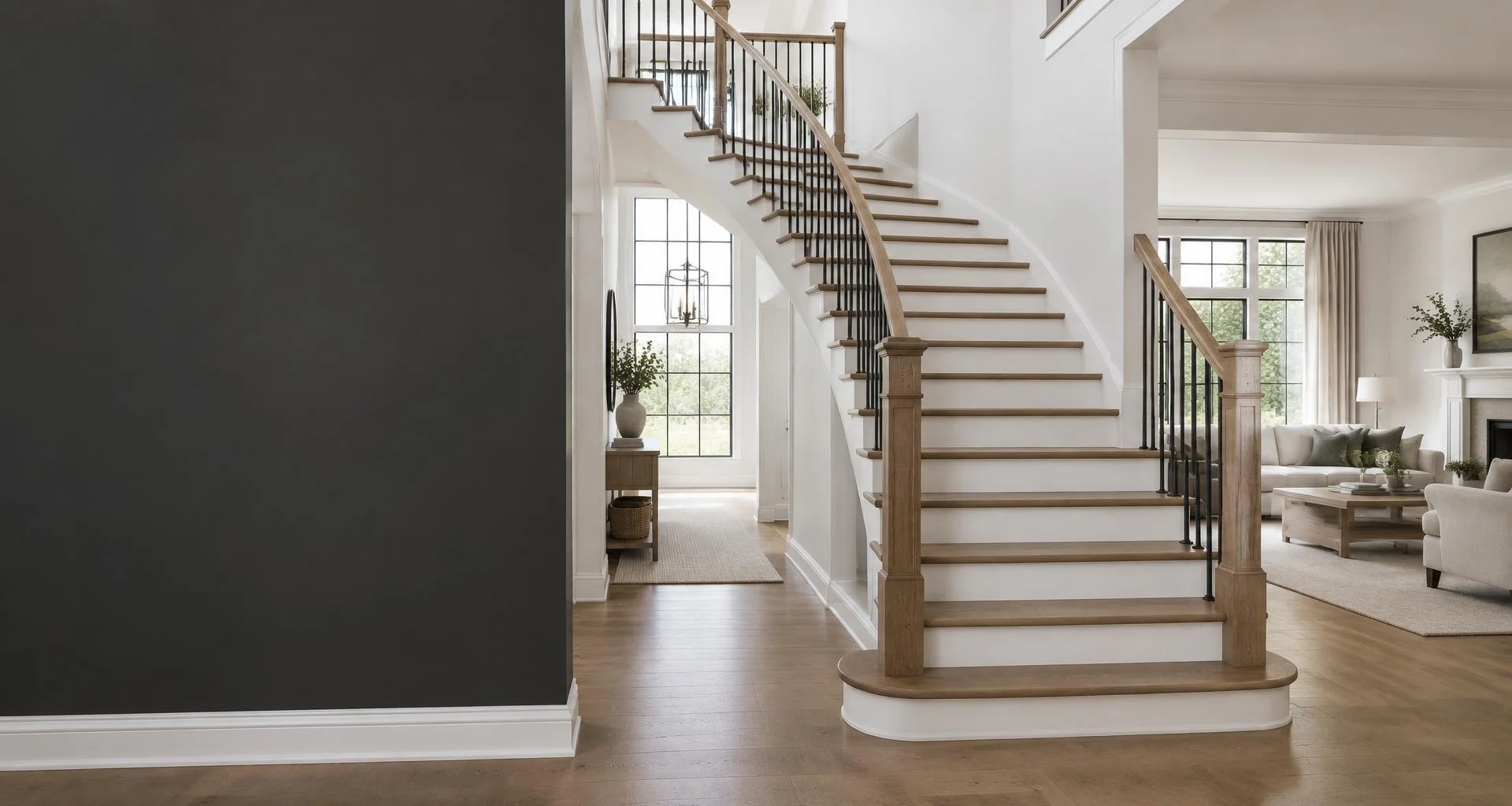Oak staircase with white risers and black iron balusters
